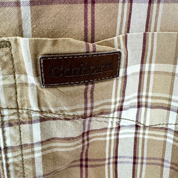 Carhartt Mens Short Sleeve Button Shirt Size L 100% Cotton Work Plaid Tan - Picture 4 of 7